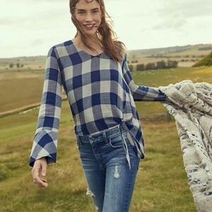Anthropologie Cloth & Stone Checkered Bell Sleeve Blouse Small